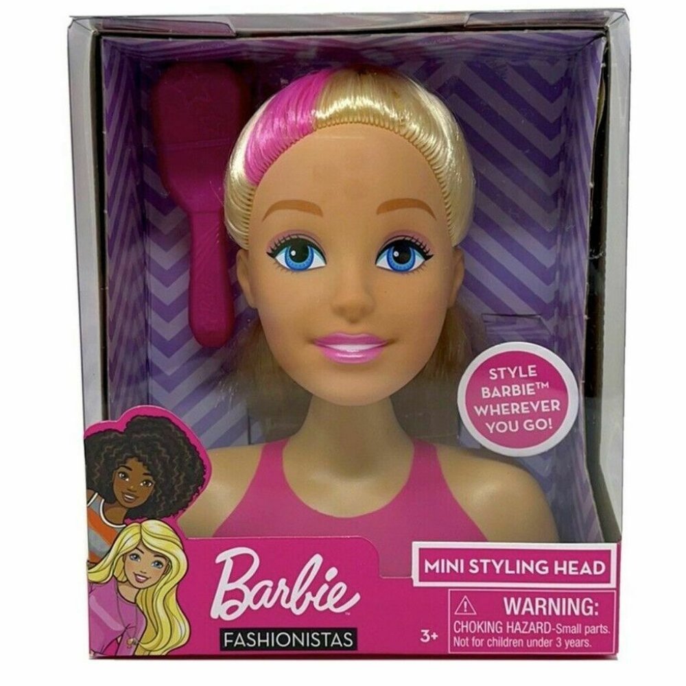 NEW SEALED - BARBIE Blonde Mini Styling Head Pink Striped Hair (Brush Included)